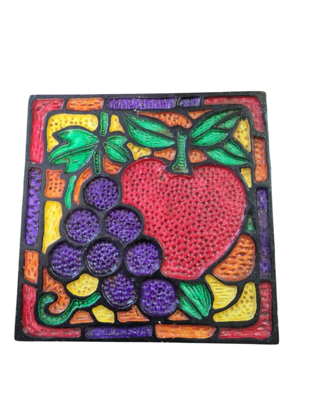 Vtg 70s Stained Glass Style Painted Cast Iron Trivet Apple Grapes 6x6 Decorativ
